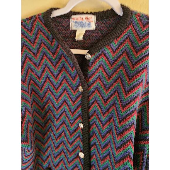 TALLY HO VTG Blue Red Green Chevron Print Button Up Waist Length Cardigan LARGE - Picture 3 of 7